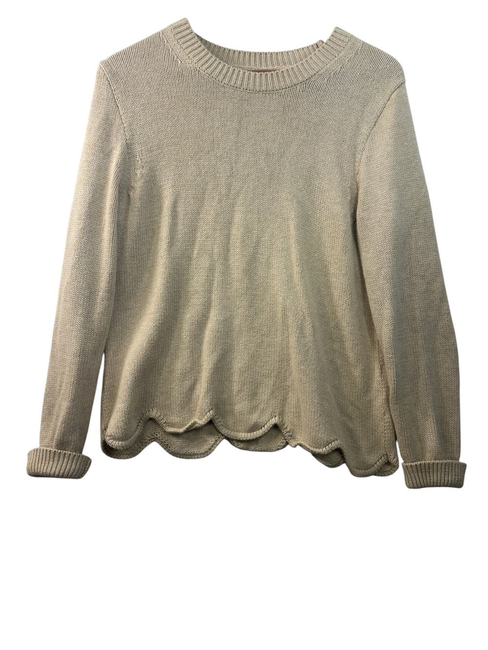 J. Crew Scalloped Hem Women’s Crew Neck Sweater Size Medium Beige Cotton Sweater